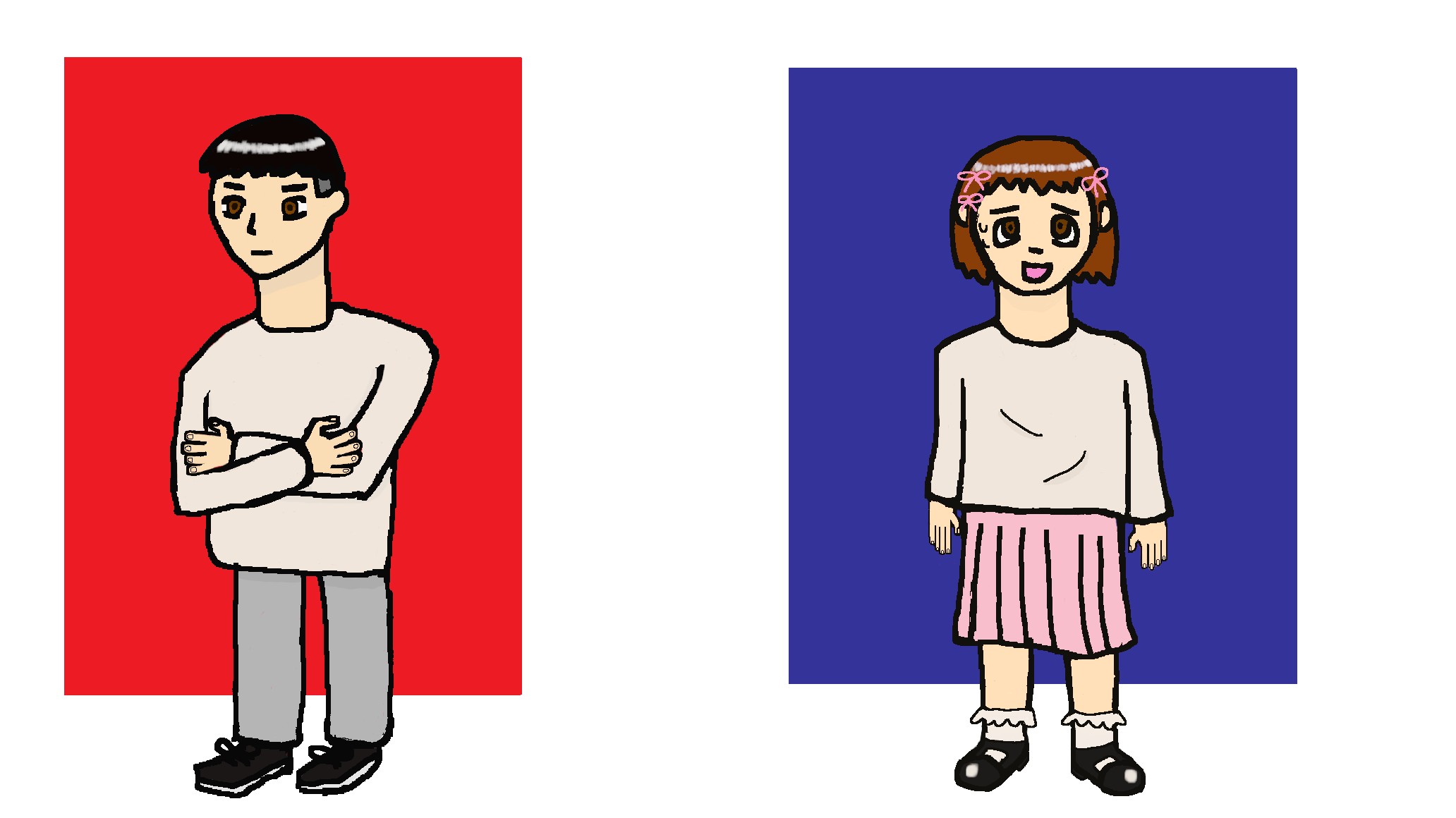 a drawing of a black haired guy wearing a beige sweatshirt, pants and sneakers and a young girl wearing a beige sweatshirt, a pleated skirt, shoes and bows in her hair